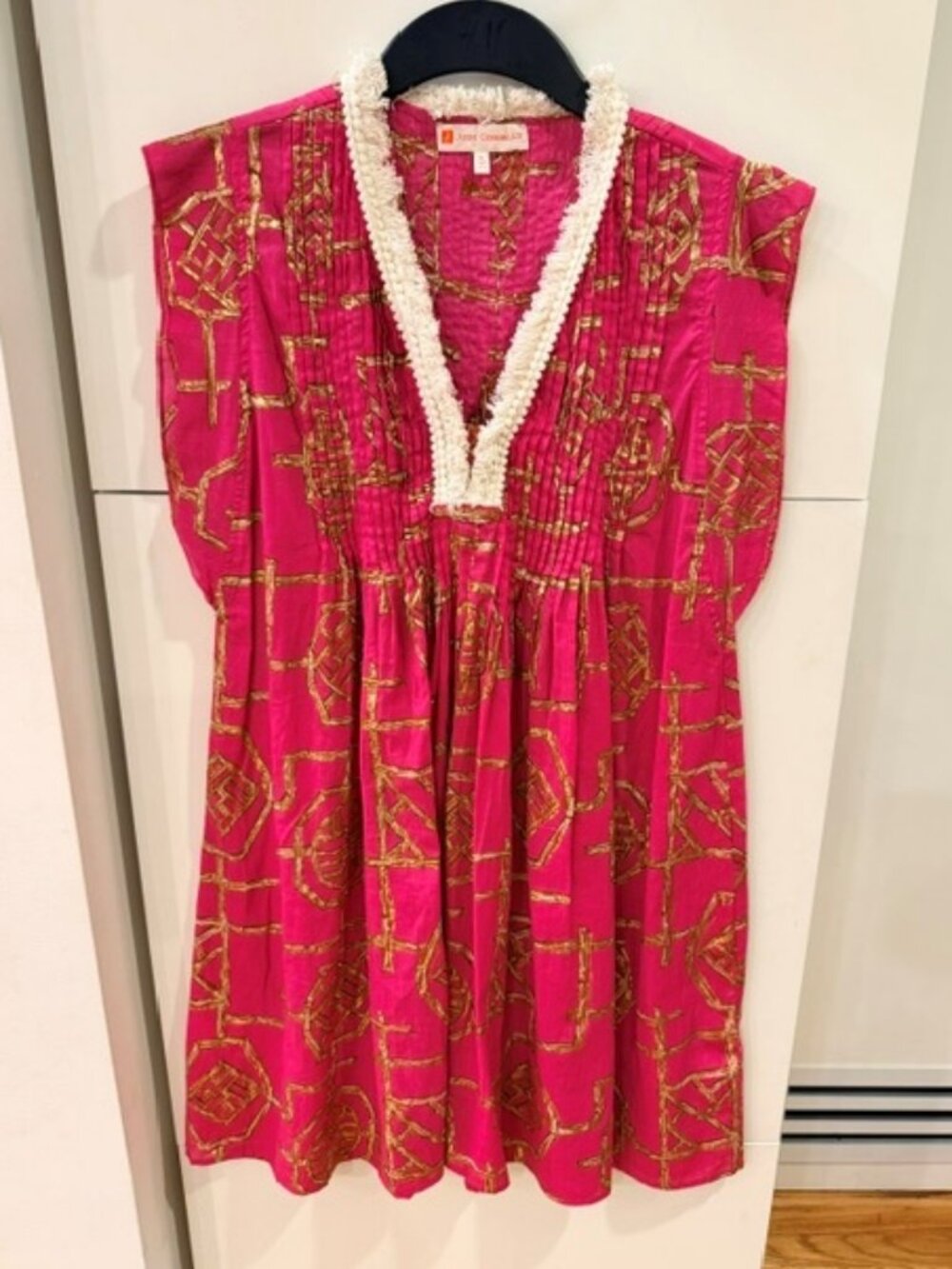 Jude Connally Tunic Dress Size Medium – Pink & Gold Print, Embellished Neckline